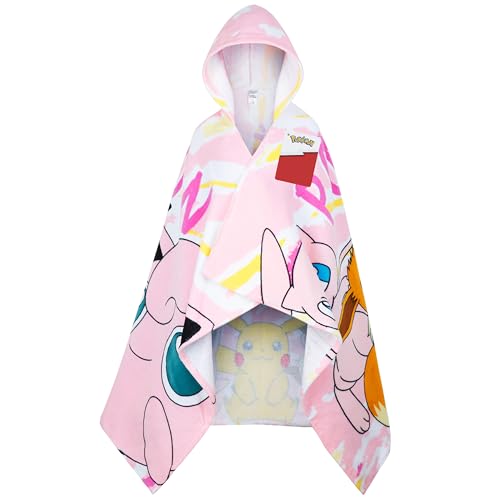 Image of Pokemon Hooded Kids Beach Towel Absorbent Changing Robe Cotton Poncho Bath Towels (Pink, 6-14 Years)