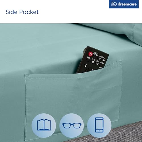 Image of DREAMCARE King Size Sheets Set - 4 pcs Breathable Cooling Sheets - up to 15 inch Deep Pocket King Sheet Set with Side Pockets - Extra Soft 100% Brushed Hypoallergenic Hotel Luxury Bedding Spa Blue