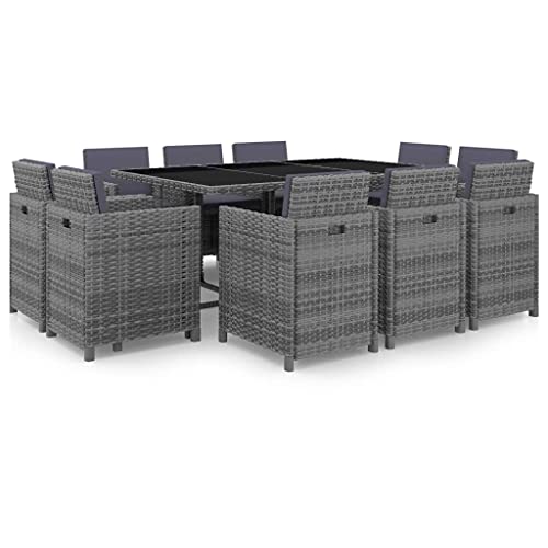 Holamys Salon de Jardin 11 pcs en Résine Tressée Grise, Ensemble Repas Extérieur avec Table en Verre, 10 Chaises et Coussins Anthracite, Mobilier Patio...
