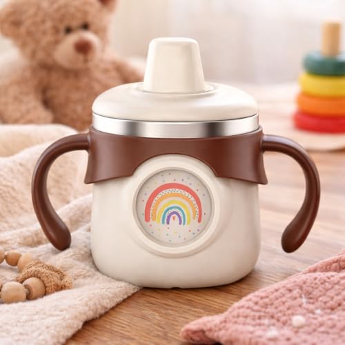 Image of THE LITTLE LOOKERS Stainless Steel Sipper Bottle 260ml | 316 Grade SS | BPA Free | Suitable for Hot & Cold | Travelling Bottle for Kids & Toddler | Training Sippy Cup with Straw /Spout (Beige)