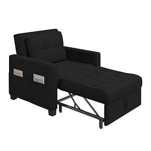 Yaheetech 3 En 1 Sofá Cama Sillón Relax Sofá Individual de 1 Plaza para Dormitorio Sala de Estar Apartamento Sofá con Respaldo Ajustable en 3 ángulo Negro