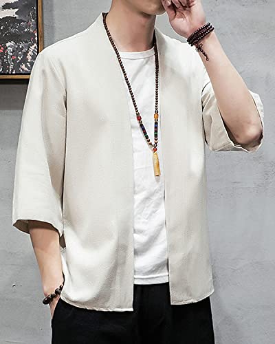 Image of Men's Japanese Kimono Cardigan Loose Cotton Linen 3 /4 Sleeve Open Front Casual Summer Shirt Jackets