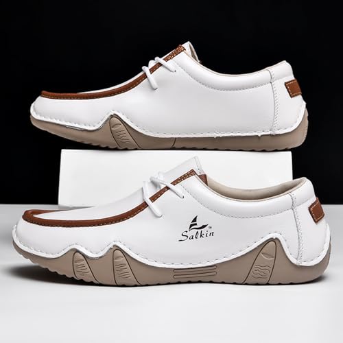 Men's Waterproof Leather Casual Walking Shoes for Hiking Camping & Driving All Season Retro Hand Stitched Round Toe Lace Up Slip on Loafers Comfortable Soft Outdoor Fashion Sneakers3