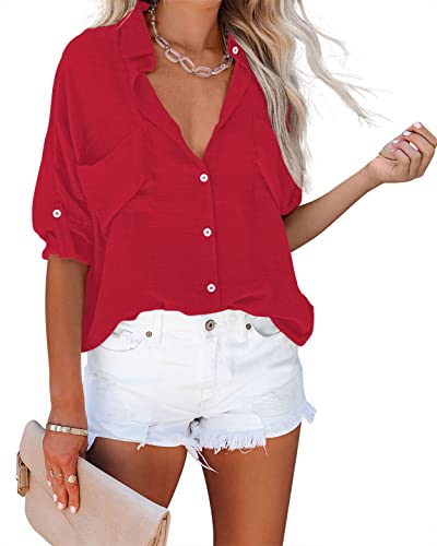 Diosun Womens Button Down Shirts V Neck Casual Long Sleeve Roll Up Loose Plain Blouses Tops with...