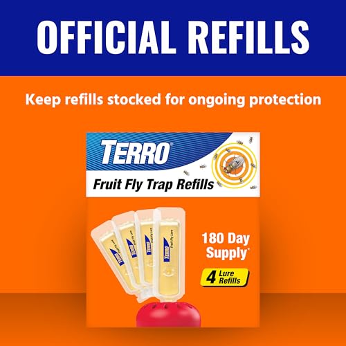 Image of TERRO Fruit Fly Trap Refills, 4 Pack Liquid Bait Replacement for Home | Food-Based Liquid Lure, Non-Staining, Fast-Acting, 180 Day Supply, No Mess, Fruit Fly Bait Indoor