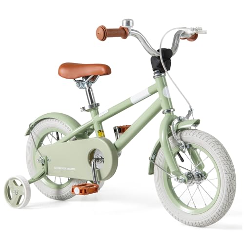 BABY JOY Kids Bike, 12 Inch Sport Style Children's Bicycle with Vivid Color, Training Wheels, Adjustable Handlebar & Saddle, Handbrake & Coaster Brake, Boys Girls Bike for 3-4 Years Old (Lawngreen)