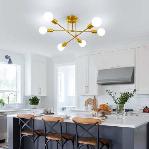 DELIPOP Deckenleuchte Vintage, 6 Flammig Sputnik Kronleuchter Modern, E27 Fassung, Wohnzimmerlampe Gold Industrie Deckenlampe Metall für Schlafzimmer Esszimmer Küche Flur Bar