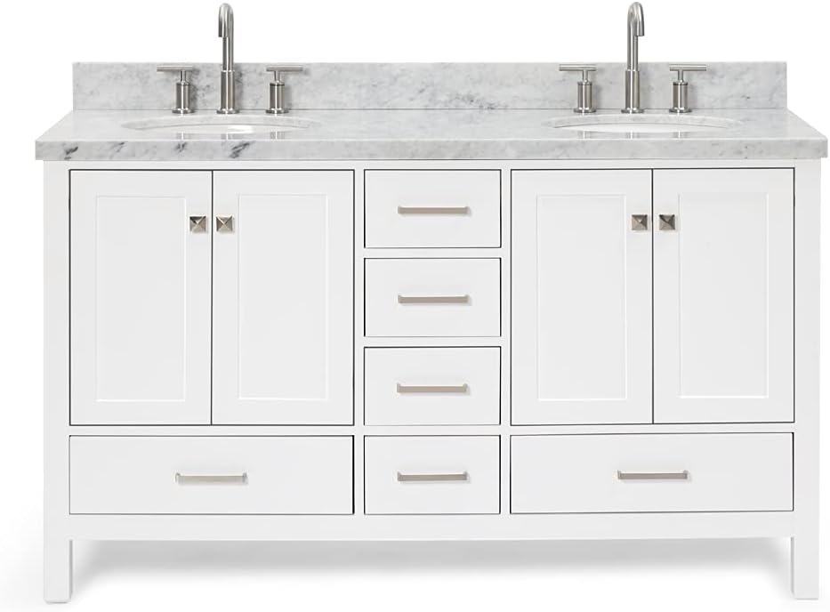 ARIEL Cambridge 60-inch Bathroom Vanity with Sink,Solid Wood, 1.5-inch Italian Carrara Marble Countertop & Backsplash, Double Oval Porcelain Sink, 4 Soft Closing Doors, 6 Dovetail Drawers, White