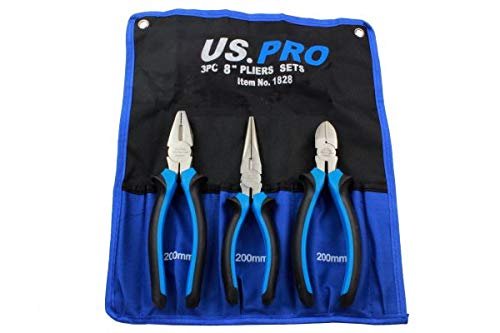 US PRO 3pc 8 Plier Set NI-FE Finish - Combination, Cutters, Long Nose 1828