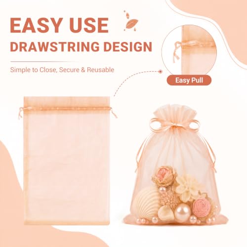 Image of FUNFERY 100PCS Peach Champagne Sheer Organza Bags 3x4 in, Goodie Bags Bulk | Small Mesh Gift Bag with Drawstring for Wedding Party Favor, Drawstring Pouch for Jewelry, Sachet Bags for Treat, Candy, Soap