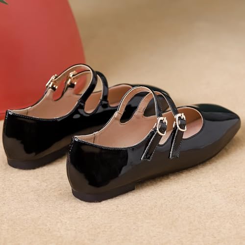 WENJIAZHIZHI Women's Square Toe Ballet Flats Classy Double Buckle Double Buckle Patent Leather Mary Janes Dual Straps Dressy Shoes4