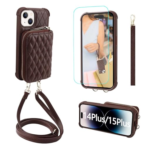 Image of MONASAY Zipper Wallet Case Compatible for iPhone 15 Plus /14 Plus,[Screen Protector][RFID Blocking] Flip Leather Handbag Phone Cover with Card Holder and Crossbody Lanyard Strap, Brown