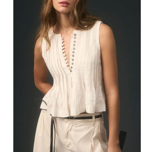 Women Y2K Babydoll Ruffle Tank Top Linen Front Button Pleated Peplum Vest Flowy Coquette Cropped Shirt Cute Blouse Summer2