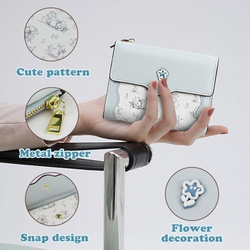 Andiker Small Wallet for Women, Trifold PU Leather Zipper Wallet, Rabbit and Floral Decoration Cute Coin Purse (Blue)3