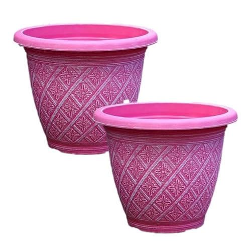 Fyne-Finds Set of 2 Round 33cm 13inch Garden Plant Pot Woven Flower Outdoor Decor Planter Frost Proof, Weatherproof, Drainage Hole (Raspberry Pink)