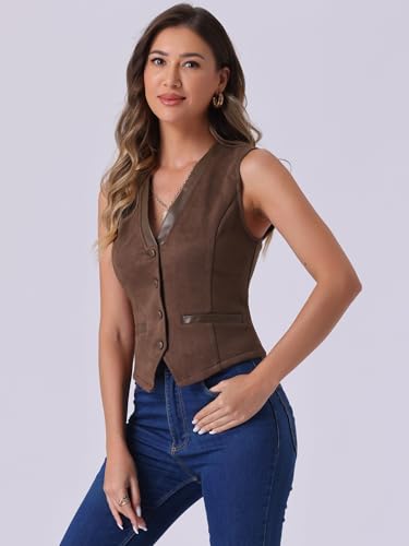 Allegra K Vintage Suit Waistcoat for Women's V Neck Faux Suede Button Down Sleeveless Jacket Vest4