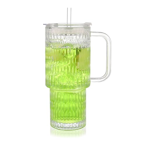 WeirdUncle Raindrop Glass Tumbler with Handle, Lid and Straw, 26oz Thickened Iced coffee drinking glasses, Large capacity, Unbreakable, Ideal for Office, Travel, Every Day use and Gift