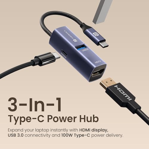 Image of Portronics MPort Swift, 3-in-1 Type-C Hub with HDMI, USB 3.0 & 100W PD Charging, 4K@30Hz HDMI Output, Type-C Connector for MacBook, Windows, Tablets & Smartphones, Aluminium Body, Plug & Play