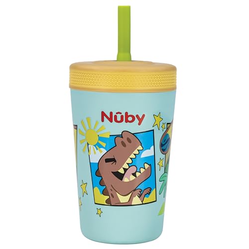 Image of Nuby Thirsty Kids Flexstraw Stainless Steel Insulated Toddler Cup - 12 oz | Leak-Resistant Silicone Straw - Easy-Clean Valve and Capacity - Travel Cup - Dinosaurs