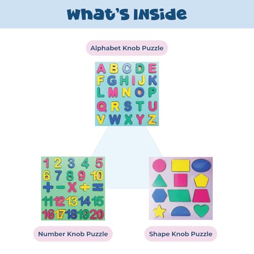 Image of Wooden Puzzle Set for Toddlers | Set of 3 - Alphabets, Numbers & Shapes | Montessori Educational Toys for 2+ Year Old Boys & Girls | Learning Puzzle Game for Kids