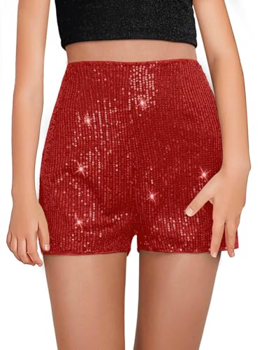 CharmWM Girls Sequin Shorts Elastic Straight Leg Sparkly Glitter Party High Waist Shorts 5-14 Years Red