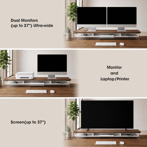 Image of Fenge 42.5 inch Dual Monitor Stand with Clear Acrylic Legs, Brown | Clear acrylic, storage compartment, 2-tier home office monitor riser, wide large desktop shelf fit monitor /laptop /printer