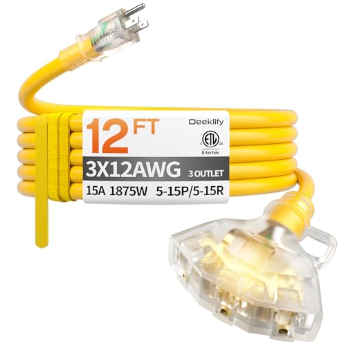 Deeklify 12 ft 12 Gauge Heavy Duty 3 Outlet Extension Cord Splitter with Indicator, Waterproof...