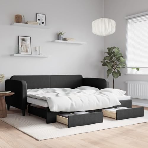 Gecheer Tagesbett Ausziehbar mit Schubladen Schwarz 90x200 cm Stoff, Schlafsofa Tagesbett Schlafcouch für Wohnzimmer Gästezimmer kleine Wohnungen3196854