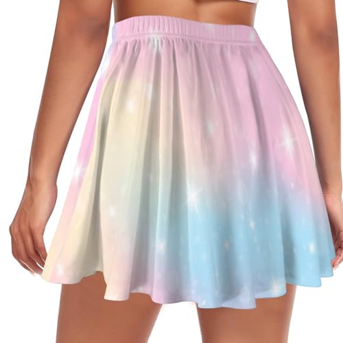 HUGLAZY Unicorn Skirt for Women Girl Mini Skirts Fantasy Rainbow High Waisted Pleated Skirt Tennis School Uniform Skirts Lining Shorts XS