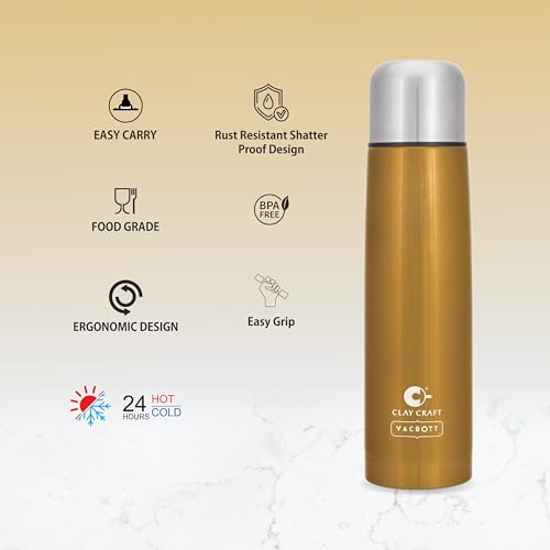 Image of Clay Craft Vacbott Terra Double Walled|18 Hours Hot and 24 Hours Cold Vacuum Insulated|Thermosteel|Flask Bottle 750 ml|Steel Water Bottles for Travelling|BPA-Free|BIS Certified|1Year Limited Warranty
