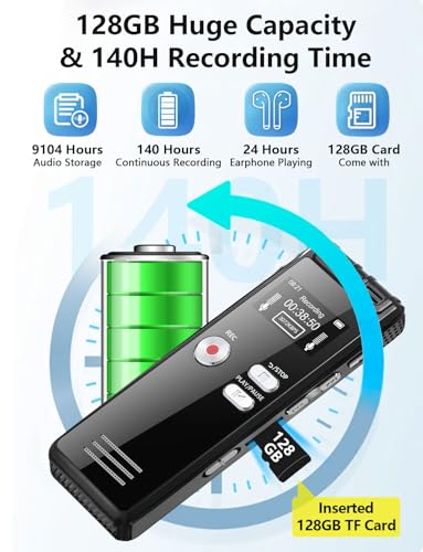 128GB Digital Voice Activated Recorder with Playback, 9104 Hours Audio Recorder, 3072Kbps HD Recording and Voice Activated Recording with Noise Cancelling, Device