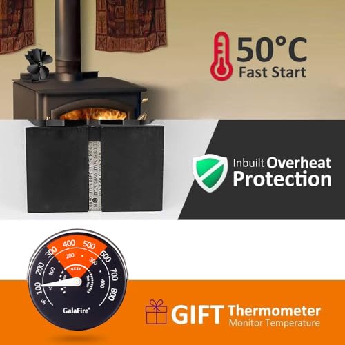 4-Blades Heat Powered Wood Stove Fan + Magnetic Thermometer, 122°F Start Non Electric Eco Fireplace Fan for Gas/Pellet/Log/Wood Burning Stoves, Silent Operation, 2-Years, N429, Black - Image 4