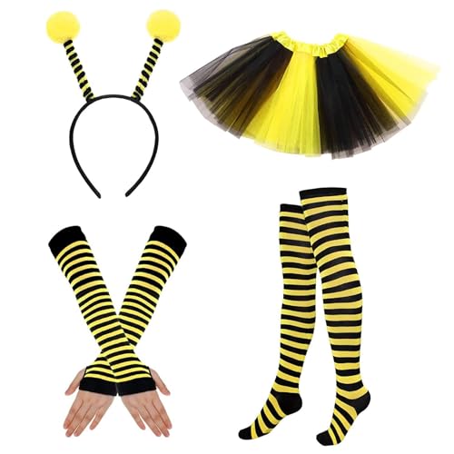 Bienen Kostüm Damen Faschingskostüme Biene Für Erwachsene Karneval Kostüm Haarreif Tüll Rock Gestreifte Überkniestrümpfe Lange Handschuhe...