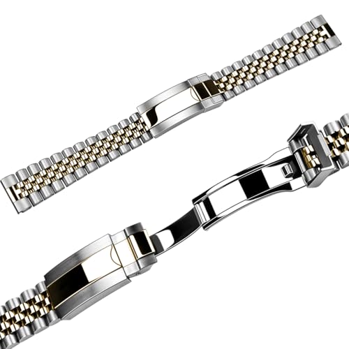Image of Juntan Screw-in Stainless Steel Watch Band 20mm 21mm 22mm for Men Women, Curved End Straight End Metal Watch Strap with Oyster Buckle, Taperd Replacement Jubilee Bracelet Silver Gold