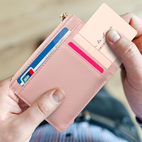 Image of Valentoria Slim RFID Blocking Card Holder Small Pocket Wallet Keychian Zipper Coin Purse Mini Cash & Coin & Cards Case for Women Men, Pink, s, Slim Rfid Blocking Card Holder Small Pocket Wallet