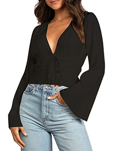Zaful Women Deep V Neck Bell Long Sleeve Blouse Tie Knot Pleated Crop Top Solid Elegant Tunic Shirt Black #TOP11