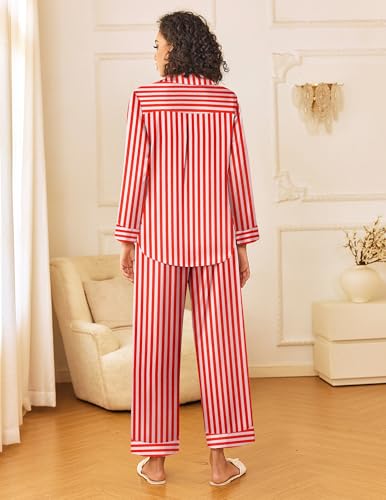 Image of Ekouaer Womens Silk Satin Pajama Sets 2 Piece Sleepwear Pjs Set Long Sleeve Button Down Top and Pants Stripe Loungewear S-XXL