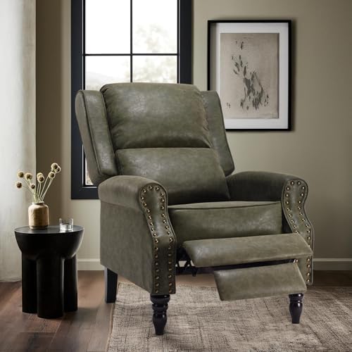 Image of Leather Recliner Chair, Pushback Recliner Chair with Adjustable Backrest Footrest, Mid Modern Reclining with Overstuffed Arms Lumbar Support for Reading, Living Room, Green