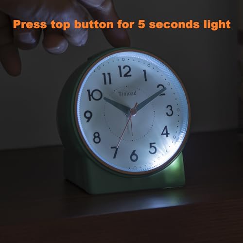 Image of Tinload 4.3 inch Retro Analog Alarm Clock, Vintage Decor, No Ticking Silent, Easy to Set, Gradual Rise Alarm, On /Off Switch on Side, Gentle Wake, Snooze, Lighted on Demand, Battery Operated, Retro Green