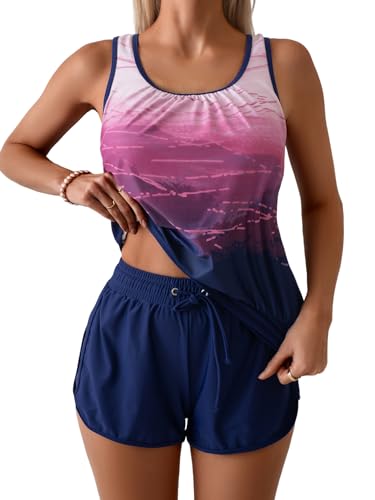 Image of Aidonger Women's Tankini Swimsuit Modest Two Piece Bathing Suit Tummy Control Athletic Blouson Tank Top with Short Bottoms
