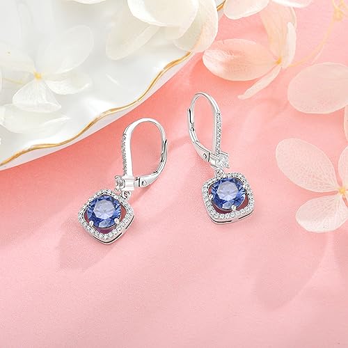Square Shaped Dangle Drop Earrings for Women, 925 Sterling Silver 5A Cubic Zirconia Leveback Ruond Birthstone Earrings for Hypoallergenic Jewelry Gifts for Her4