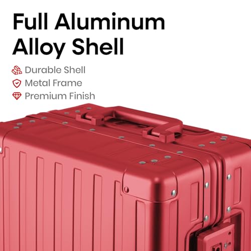 Image of 20 Inch Premium All Aluminum Carry On Luggage 22x14x9 Airline Approved Zipperless Hard Shell Suitcase with TSA Lock Silent Spinner Wheels for Business Travel,Red
