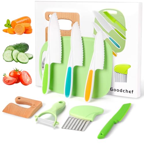 Goodchef Kindermesser – 8 teiliges sicheres Holzmesser Set, Kinder Messer Set & Montessori Messer, Montessori Schneidewerkzeug, BPA-frei, Geschenkidee, geeignet für Kinder ab 2 Jahren（Krokodil ）