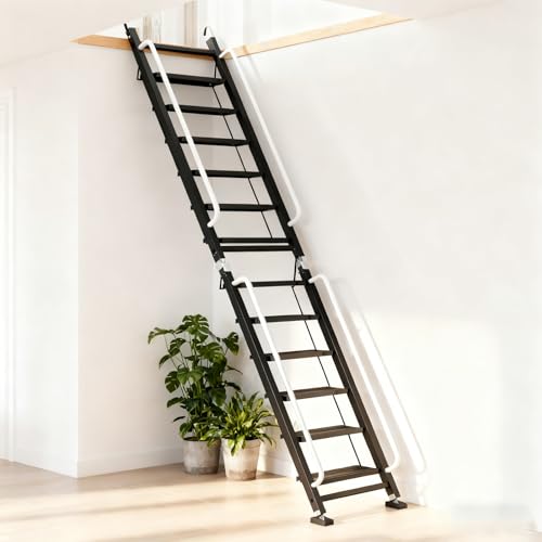 Foldable Aluminum Loft Stairs Ladder 12 Step Folding Bunk Bed Ladders with Handrails Portable Anti-Slip Egress Attic Ladder Floor-Mounted Metal Roof Access Step Ladders for Dorm RV Home Attic Stair