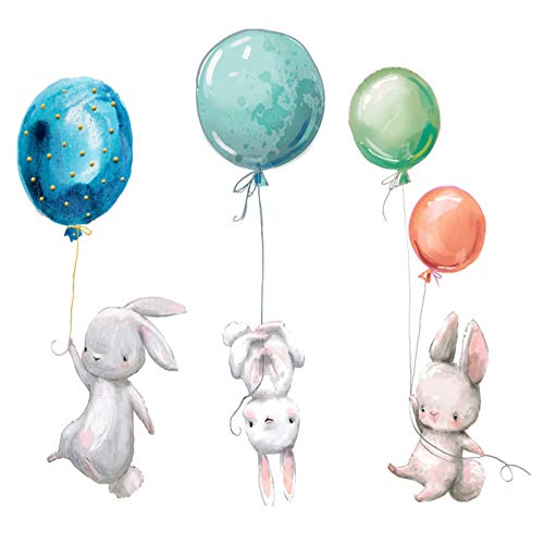 Walaka Walaka Sticker Mural Aquarelle Animaux bébés Lapins avec Ballons pépinière Sticker Mural pour Chambre de bébé Motif Lapin Renard et Souris Cover