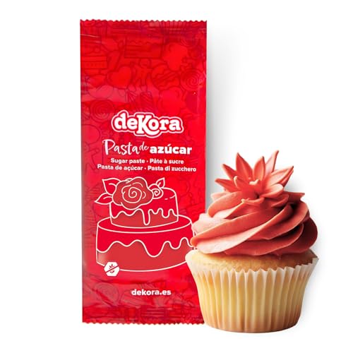 dekora - Pasta de Azúcar Fondant Rojo 150g - Pasta para Tartas y Repostería - Sin Gluten ni Lactosa - Sabor Vainilla - Suave, Flexible y Fácil de Moldear para Decoraciones Creativas