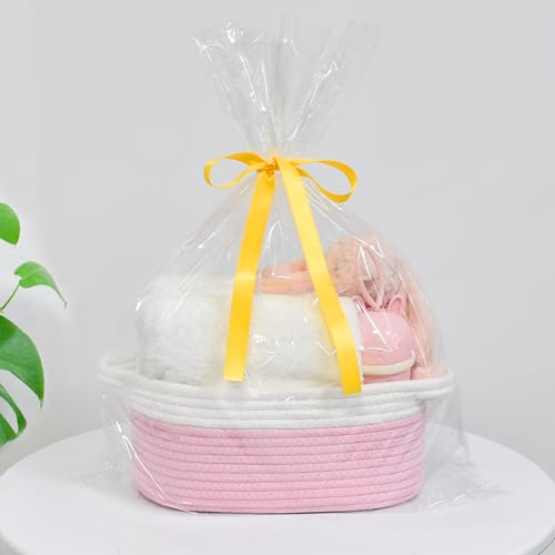 Image of ABenkle Small Basket with Handles, Boho Decorative Rope Woven Dog Cat Toy Storage Bin Shelf Storage Organizer, Easter Christmas Gift Basket, 12 inchx8 inchx5 inch, Pink