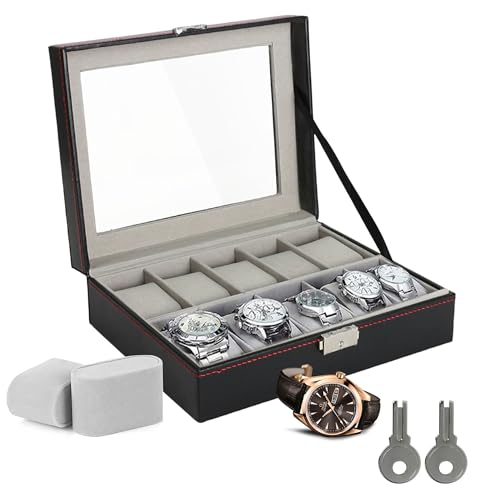 LKH Watch Box 10 Slot - Premium Watch Storage Case with Metal Clasp Lock & 2 Keys, Faux Leather With Removable Pillows Watch Organizer for Men & Women, Display Case with Glass Lid & Pillows