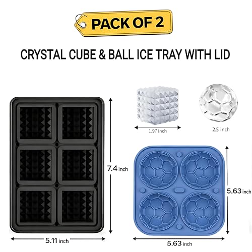 Image of Premium Combo of Large 3D Crystal Square Ice Cube Tray & Football Shaped Silicone Molds for Chilling Drinks, Chocolates, Juice, Jelly and Many More. Pack of 2 (Black)