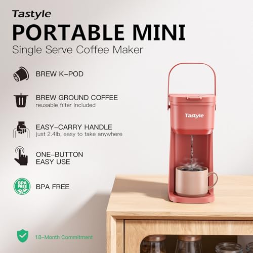 Image of Tastyle Single Serve One Cup Coffee Maker, for K Cups and Grounds, Mini Coffee Maker with Portable Handle, 6 to 12 Oz Brew Size, for Travel, Camping, Office, RV and Dorm, 120V, Salmon Pink